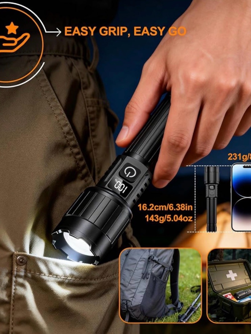 Tactical Black LED Flashlight with Digital Display